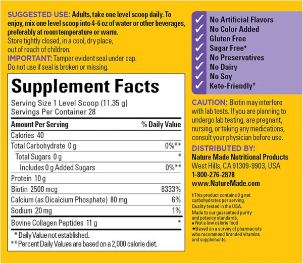 Nature Made Collagen Peptides Powder Type 1 and 3, Joint Support Collagen Powder Unflavored, Sugar Free, Keto Friendly with Biotin for Hair, Skin & Nails Support, 11.2 oz, 28 Day Supply