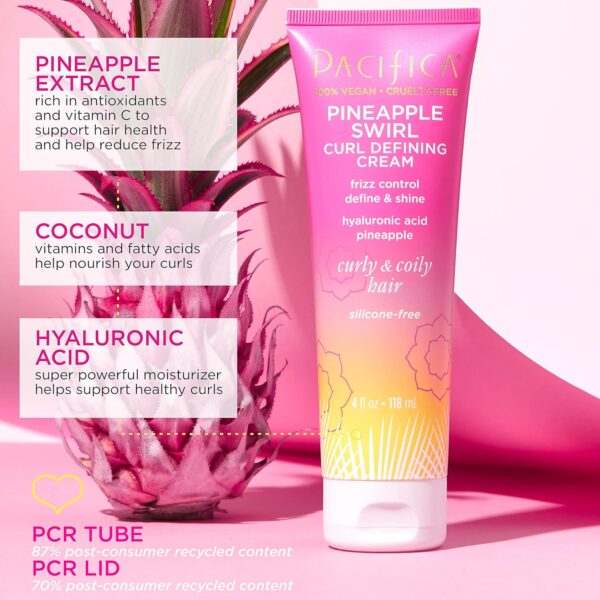 Pacifica Pineapple Swirl Curl Defining Cream for Curly Hair 4 oz – Frizz Control & Curl Enhancer Styling Cream for Curly & Wavy Hair Coconut Oil & Hyaluronic Acid Defines & Adds Bounce Without Crunch