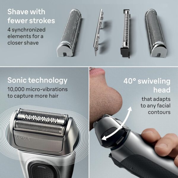 Braun Series 8 Electric Razor for Men, with 4+1 Shaving Elements & Precision Long Hair Trimmer, Close & Gentle Even on Dense Beards, Wet & Dry Electric Razor with 60min Runtime, 8517s Galvano Silver