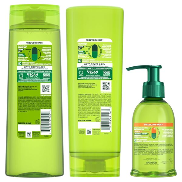 Garnier Fructis Sleek & Shine Shampoo, Conditioner + Anti-Frizz Serum Set for Frizzy, Dry Hair, Argan Oil (3 Items), 1 Kit (Packaging May Vary)