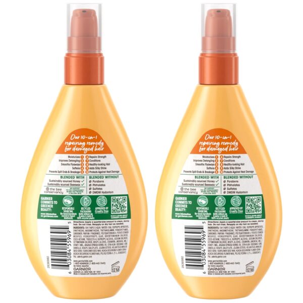 Garnier Whole Blends Sulfate Free Remedy Miracle Nectar 10-in-1 Repairing Leave-In Conditoner for All Hair Types, Honey Treasures, 5 Fl Oz, 2 Count (Packaging May Vary)