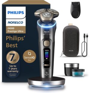 Philips Norelco Shaver i9000 Prestige Ultra, Wet & Dry Electric Shaver, Dark Slate, SenseIQ Pro Technology, Triple Lift & Cut System, 360 Rotating NanoTech Precision Blades, Quick Clean Pod, XP9402/86