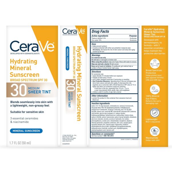 CeraVe Hydrating Mineral Sunscreen SPF 30 with Sheer Tint, Tinted Mineral Sunscreen with Zinc Oxide & Titanium Dioxide, Blends Seamlessly For Healthy Glow, Medium, 1.7 Fluid Ounce