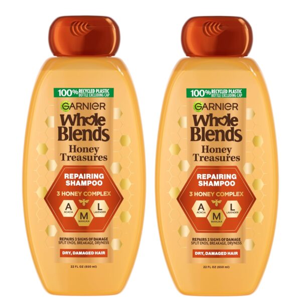 Garnier Whole Blends Honey Treasures Repairing Shampoo, for Dry, Damaged Hair, 22 Fl Oz, 2 Count (Packaging May Vary)