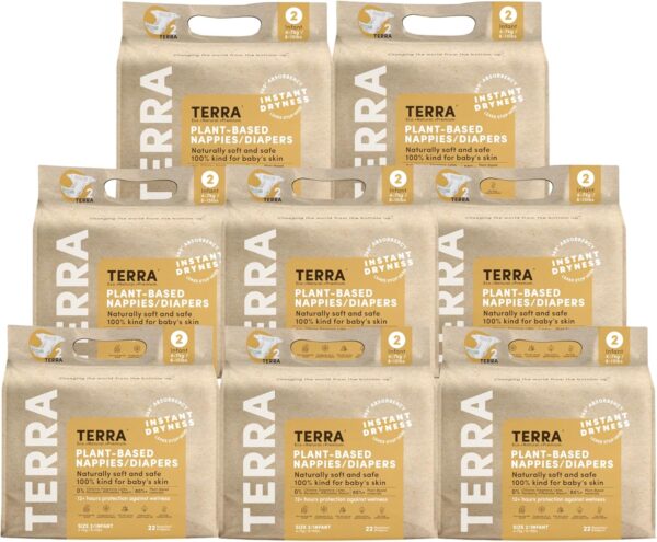 Terra Size 2 Plant-Based Diapers: Ultra-Soft & Chemical-Free, Superior Absorbency for Day or Night, 176 Count