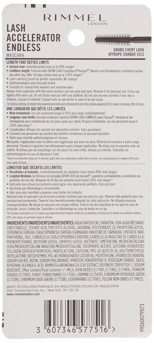 Rimmel London Lash Accelerator Endless Volume Mascara, Micro-Fiber Formula, No Clumps, Grow-Lash Complex, 003, Extreme Black, 0.33 oz