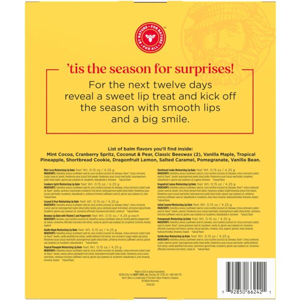 Burt's Bees 12 Days of Joy Lip Balm Advent Calendar Gift Set, Flavored Lip Balm Pack Great for Office Holiday Gifts, Tint-Free, Natural Origin Lip Care, 12 Tubes, 0.15 oz.