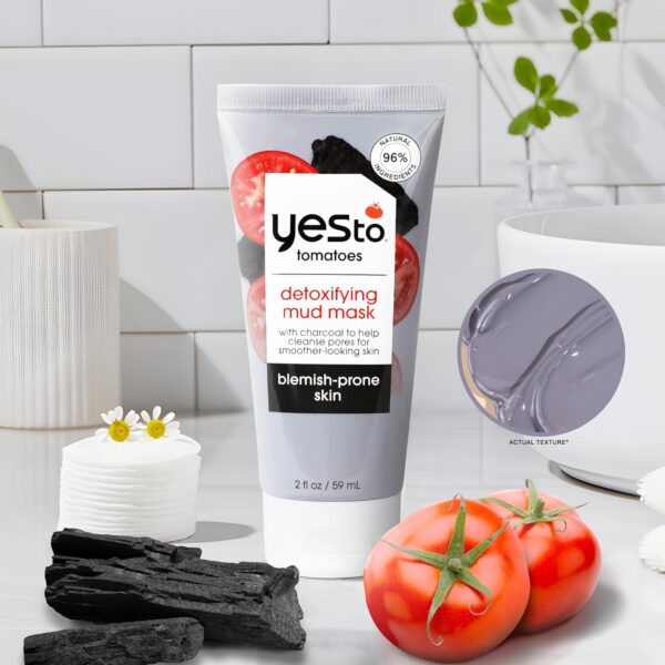 Yes To Tomatoes Clear Skin Detoxifying Charcoal Mud Mask For Acne Prone Skin Draw Out Impurities And Prevent Breakouts Contains Salicylic Acid 96 Natural Ingredients, Red, Tomato, 2.006 Fl Oz