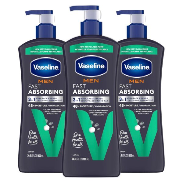 Vaseline Men's Healing Moisture Hand & Body Lotion For Dry or Cracked Skin Fast Absorbing Non-Greasy Lotion for Men 20.3 oz, Pack of 3