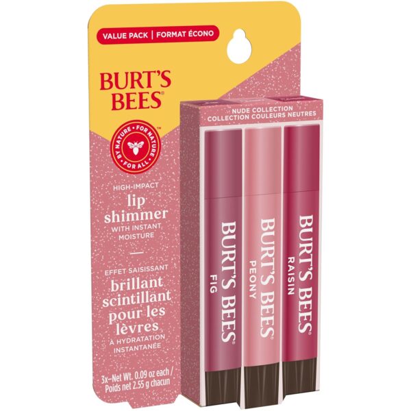 Burt's Bees Lip Shimmer Nude Collection, Tinted Lip Balm Stick, Moisturizing for All Day Hydration with Natural Glowy Pigmented Finish & Buildable Color, 3 Warm Shades; Value Pack, 3 Tubes x 0.09 Oz