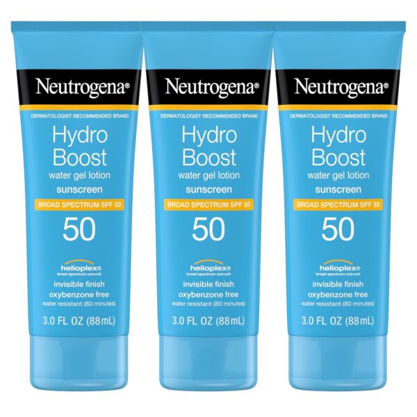 Neutrogena Hydro Boost Moisturizing Water Gel Sunscreen Lotion with Broad Spectrum SPF 50, Water-Resistant & Non-Greasy Hydrating Sunscreen Lotion, Oil-Free, 3 fl. oz, 3 Pack