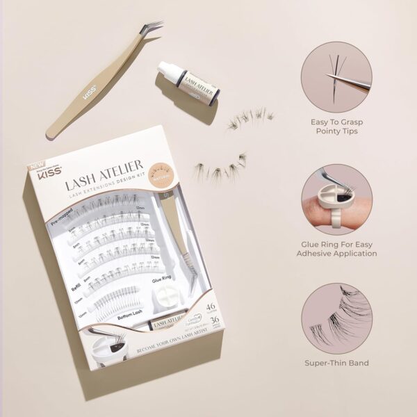 KISS Lash Atelier Professional Lash Extension Kit, ‘Natural’, Pre-Mapped False Eyelashes, 46 Lash Clusters & 36 Individual Lashes, Last For Up To 7 Days, Glue Ring, Applicator