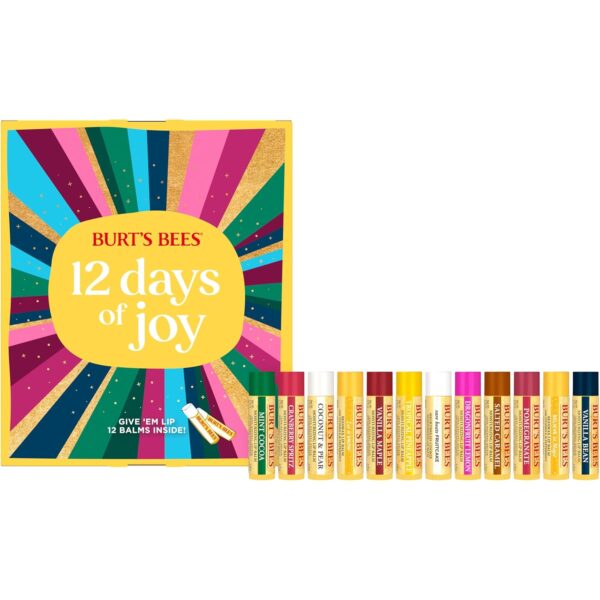 Burt's Bees 12 Days of Joy Lip Balm Advent Calendar Gift Set, Flavored Lip Balm Pack Great for Office Holiday Gifts, Tint-Free, Natural Origin Lip Care, 12 Tubes, 0.15 oz.