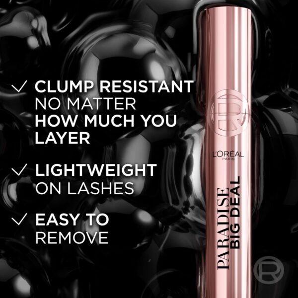 L'Oreal Paris Paradise Big Deal Mascara, Volumizing and Lengthening Formula, Buildable, Clump Resistant, Washable Blackest Black Mascara, 0.33 Fl Oz