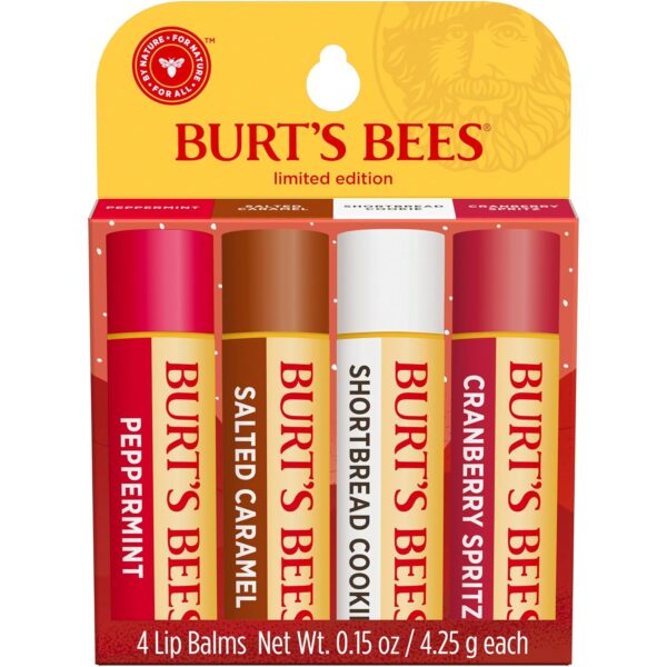 Burt's Bees Lip Balm, 100% Natural Origin, Peppermint, Salted Caramel, Shortbread Cookie and Cranberry Spritz Moisturizing Lip Balms (4-Pack)