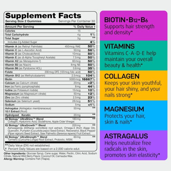 Hair Skin and Nails Gummies with Biotin Collagen Keratin Astragalus - Hair Growth Supplement & Hair Vitamins for Hair Loss for Women & Men, Hair Skin and Nails Multivitamin B7 Gummies, 60 Gummy Bears