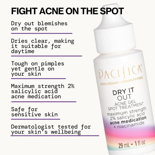Pacifica Acne Spot Treatment & Pimple Cream – Dry It Out Gel with 2% Salicylic Acid, Witch Hazel, Niacinamide – Dries Blemishes Overnight, Fights Breakouts & Redness, For Teens & Adults, Vegan Clean
