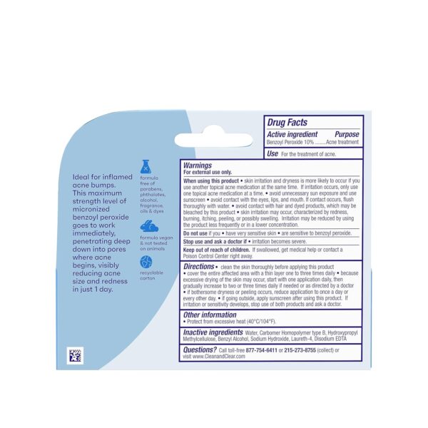 Clean & Clear Persa-Gel 10 Oil-Free Acne Spot Treatment with Maximum Strength 10% Benzoyl Peroxide, Topical Pimple Cream & Acne Gel Medication for Face Acne, Fragrance-Free, 1 fl. oz, 4 Pack