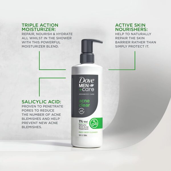 DOVE MEN + CARE Advanced Care Cleanser Acne Clear 3 Count for Acne Prone Skin Face + Body Cleanser with 1% Salicylic Acid 16.9 oz
