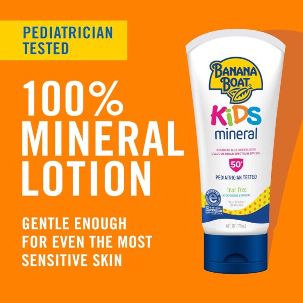 Banana Boat 100% Mineral Kids Sunscreen Lotion SPF 50, Twin Pack | Banana Boat Mineral Sunscreen for Kids, Childrens Sunblock SPF 50, Oxybenzone-Free, 6oz each (Pack of 2)