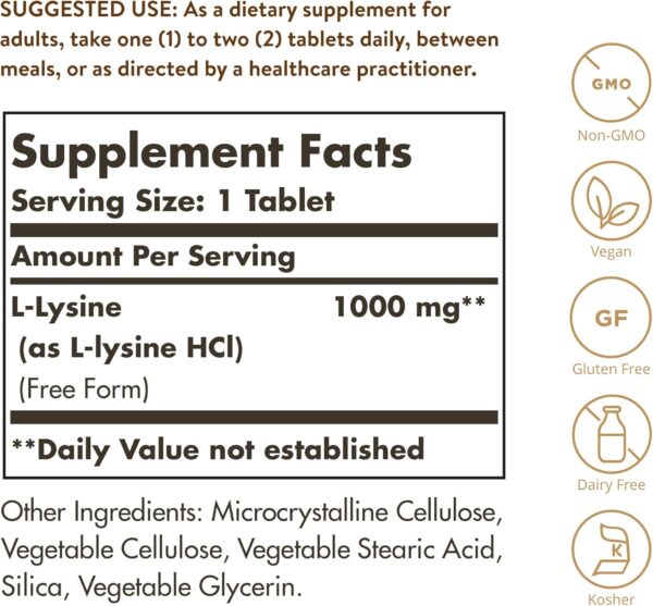 Solgar L-Lysine 1000 mg, 250 Tablets - Enhanced Absorption and Assimilation - Promotes Integrity of Skin and Lips - Collagen Support - Amino Acids - Non-GMO, Vegan, Gluten Free - 250 Servings