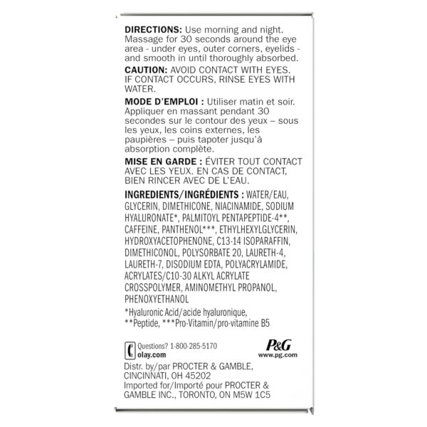 Olay Hyaluronic + Peptide 24 Gel Eye Cream, Fragrance-Free, 0.5oz (15 mL)