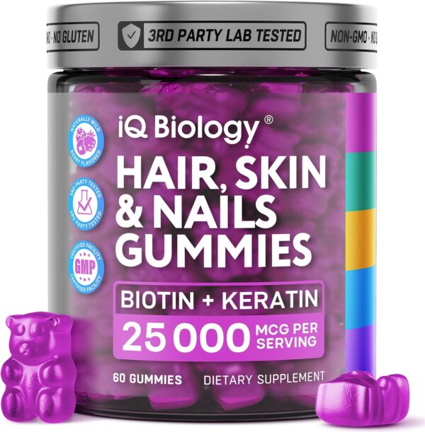 Hair Skin and Nails Gummies with Biotin Collagen Keratin Astragalus - Hair Growth Supplement & Hair Vitamins for Hair Loss for Women & Men, Hair Skin and Nails Multivitamin B7 Gummies, 60 Gummy Bears