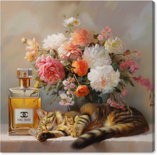 Cat Floral Vase Perfume Canvas Fashion Pet Art, Gallery Wrapped, 24" x 24"
