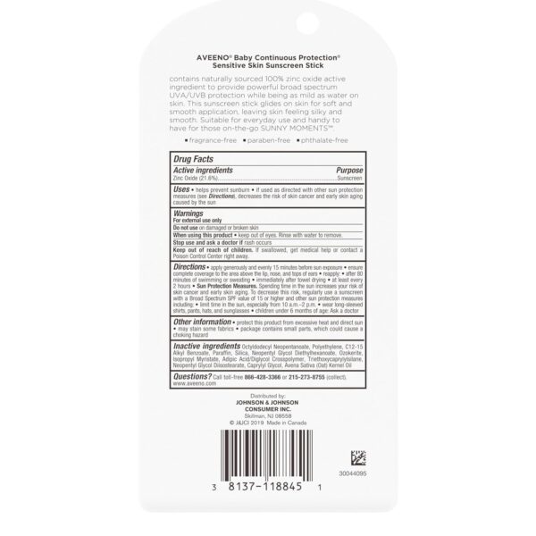 Aveeno Baby Continuous Protection Mineral Sunscreen Stick for Sensitive Skin with Broad Spectrum SPF 50 Protection for Face & Body, Naturally Sourced 100% Zinc Oxide, Travel Size, 0.47 oz