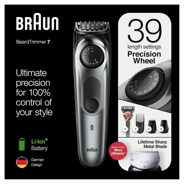 Braun Beard Detail Trimmer, Hair Clippers for Men, Cordless & Rechargeable, Mini Foil Shaver with Gillette ProGlide Razor, Silver, 10 Piece Set