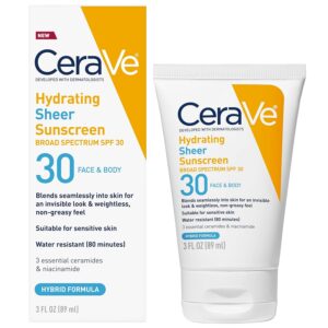 81PYzL5Y-pL._SL1500_.jpg CeraVe Hydrating Sheer Sunscreen with SPF 30 for Face and Body, Mineral & Chemical Sunscreen for Men & Women with Zinc Oxide, Hyaluronic Acid and Ceramides, Paraben-Free + Fragrance-Free, 3 Ounces