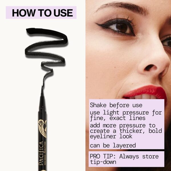 Pacifica Black Liquid Eyeliner Pen - Liquid Line - Felt tip, Smudge Proof Eyeliner - Water Resistant Gel Makeup Eye Liner - Matte Fine Tip Clean Beauty Vegan & Cruelty-Free Dermatologist Tested
