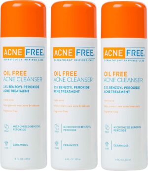 AcneFree Oil-Free Acne Cleanser for Oily Skin and Acne Prone Skin Formulated with Benzoyl Peroxide 2.5%, helps Clear Blemishes and Nourish Skin, 8 Fl Oz (Pack of 3)