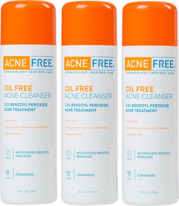 AcneFree Oil-Free Acne Cleanser for Oily Skin and Acne Prone Skin Formulated with Benzoyl Peroxide 2.5%, helps Clear Blemishes and Nourish Skin, 8 Fl Oz (Pack of 3)