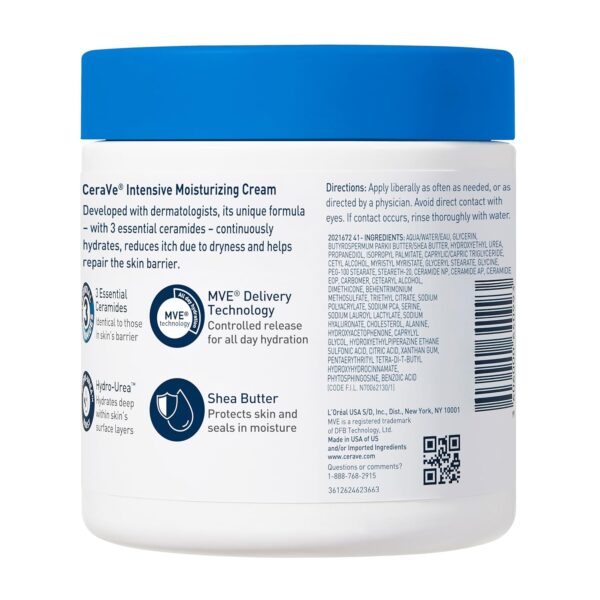 CeraVe Intensive Moisturizing Cream, Body Moisturizer With Shea Butter, 72H Hydration + Skin Barrier Repair, Fragrance-Free Body Lotion For Extremely Dry Skin, 19oz