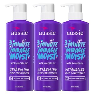 Aussie 3 Minute Miracle Moist Deep Conditioner for Dry Hair, Avocado & Jojoba Oil, Safe for Color Treated Hair, Nourishing Hydration, Silky Shine, Paraben-Free, 16 Fl Oz Each, Triple Pack