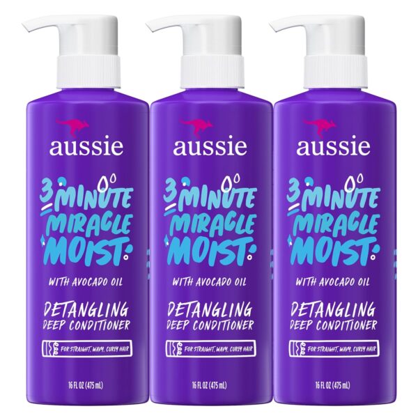 Aussie 3 Minute Miracle Moist Deep Conditioner for Dry Hair, Avocado & Jojoba Oil, Safe for Color Treated Hair, Nourishing Hydration, Silky Shine, Paraben-Free, 16 Fl Oz Each, Triple Pack