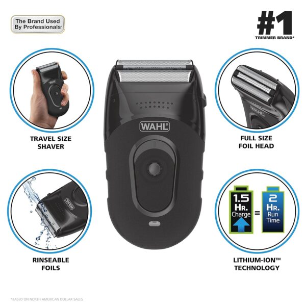 Wahl Compact Rechargeable Lithium Ion Shaver Kit with Hygienic Rinseable Foils & Cutter Bar with Dual Flexible Foils That Move with The Contours of Your Face - 7065