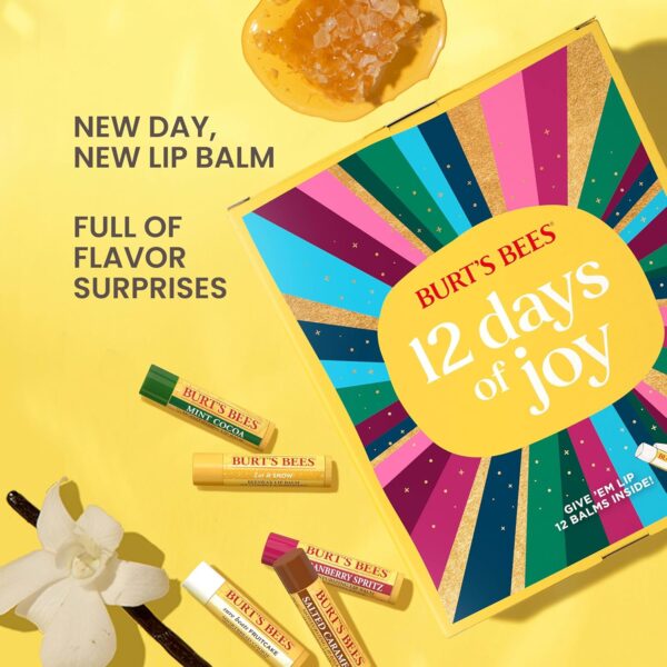 Burt's Bees 12 Days of Joy Lip Balm Advent Calendar Gift Set, Flavored Lip Balm Pack Great for Office Holiday Gifts, Tint-Free, Natural Origin Lip Care, 12 Tubes, 0.15 oz.