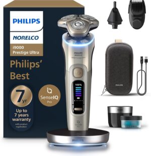 Philips Norelco Shaver i9000 Prestige Ultra, Wet & Dry Electric Shaver, White Gold, SenseIQ Pro Technology, Triple Lift & Cut System, 360 Rotating NanoTech Precision Blades, Beard Styler, XP9403/88