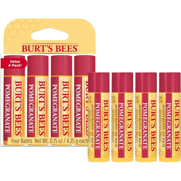 Burt's Bees Lip Balm - Pomegranate, Lip Moisturizer With Responsibly Sourced Beeswax, Tint-Free, Natural Origin Conditioning Treatment, 4 Tubes, 0.15 oz.