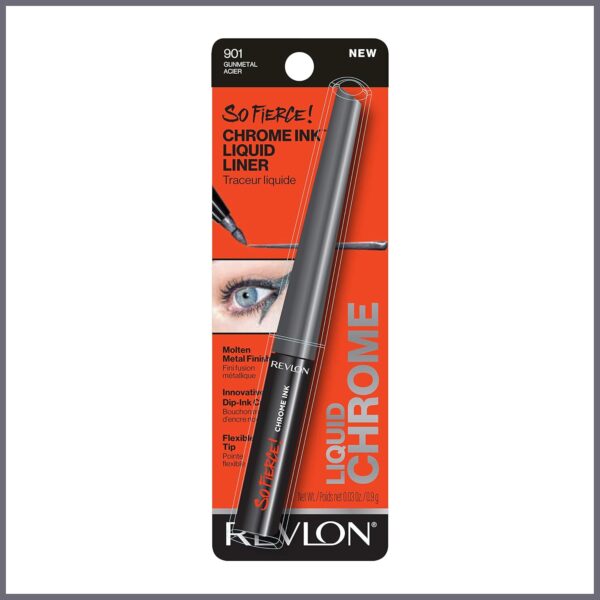 Revlon So Fierce! Chrome Ink Liquid Eyeliner, Longlasting Bold Metallic Pen Liner with Dip Ink Cap for Pearl, Shimmer Blend, 901 Gunmetal, 0.03 oz.