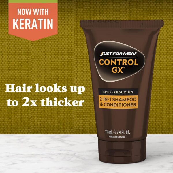 Just For Men Control GX Grey Reducing 2-in-1 Shampoo and Conditioner, Gradual Hair Color with Keratin for Stronger Thicker and Healthier Looking Hair, 4 Fl Oz - Pack of 3 (Packaging May Vary)