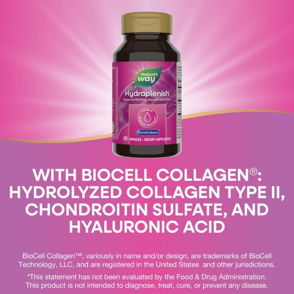 Nature's Way Hydraplenish, with Unique BioCell Collagen, Hyaluronic Acid, Promotes Collagen Production and Elasticity for Healthy Skin*, 60 Capsules (Packaging May Vary)