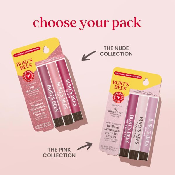 Burt's Bees Lip Shimmer Nude Collection, Tinted Lip Balm Stick, Moisturizing for All Day Hydration with Natural Glowy Pigmented Finish & Buildable Color, 3 Warm Shades; Value Pack, 3 Tubes x 0.09 Oz