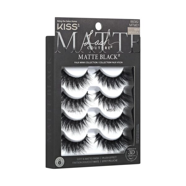KISS Lash Couture 3D Matte False Eyelashes, 'Matte Twill', 14 mm, Includes 4 Pairs Of Lashes, Contact Lens Friendly, Easy to Apply, Reusable Strip Lashes