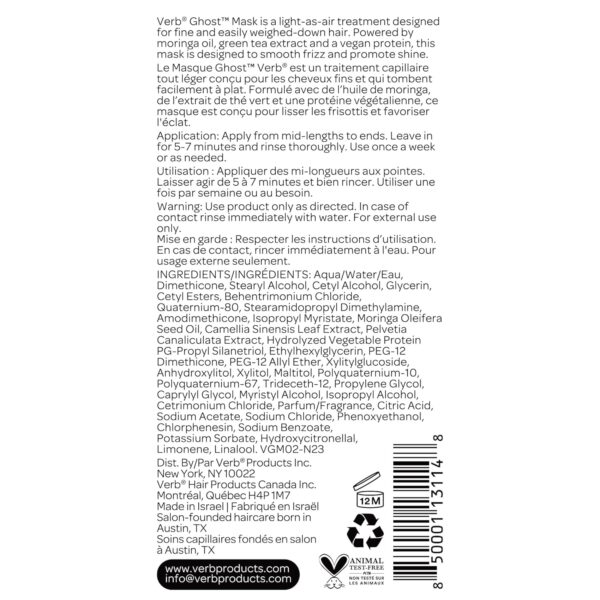 VERB Ghost Hair Mask - Vegan Deep Conditioning Hair Treatment – Repair Hair Mask for Damaged Hair – Intense Hydration Mask with Moringa Oil Defrizzes and Promotes Shine, 6.3 fl oz