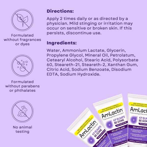 AmLactin KP Bumps Be Gone - 3 oz Keratosis Pilaris Moisturizing Cream with 15% Lactic Acid - Exfoliator and Moisturizer for Dry, Rough and Bumpy Skin (Packaging May Vary)