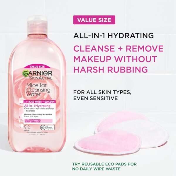 Garnier Micellar Water with Rose Water and Glycerin, Hydrating Facial Cleanser & Makeup Remover, For All Skin Types, Vegan, Cruelty Free, 23.7 Fl Oz (700mL), 1 Count