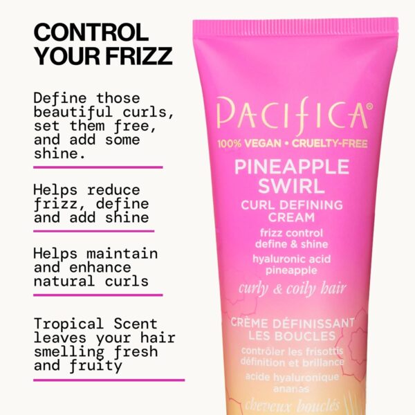 Pacifica Pineapple Swirl Curl Defining Cream for Curly Hair 4 oz – Frizz Control & Curl Enhancer Styling Cream for Curly & Wavy Hair Coconut Oil & Hyaluronic Acid Defines & Adds Bounce Without Crunch